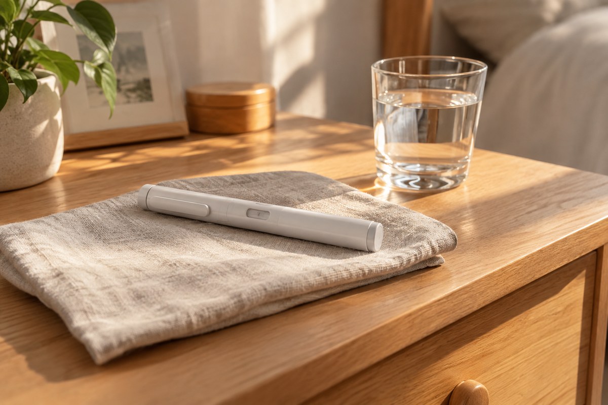 A plain unbranded injector pen resting on a folded linen cloth on a sunlit wooden bedside table beside a glass of water