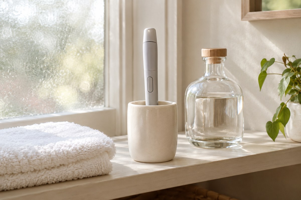 A plain unbranded pen device standing in a small ceramic cup on a sunlit bathroom shelf beside a folded white towel and a glass bottle