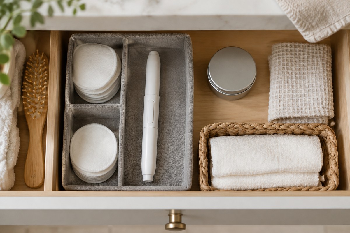 An open bathroom drawer seen from above, neatly organised with a plain unbranded pen device in a grey fabric compartment beside folded cotton pads and rolled towels