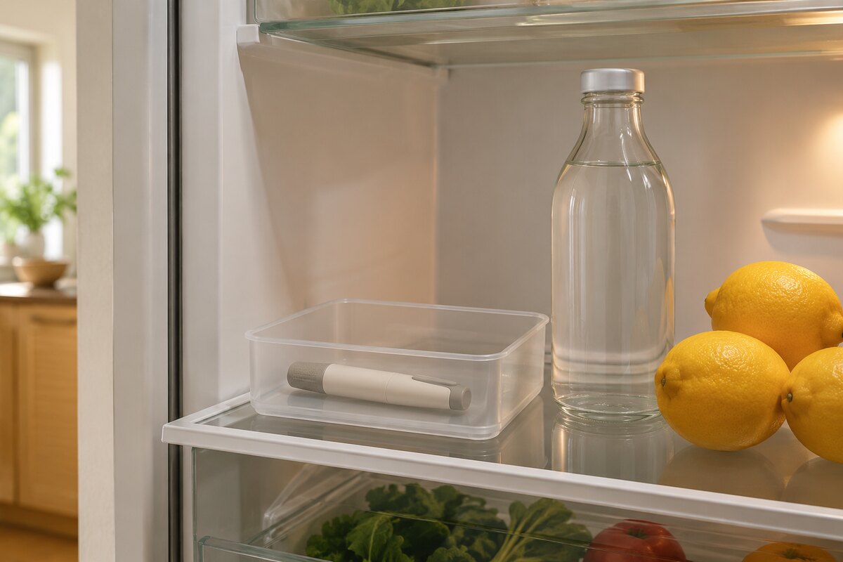 A clean refrigerator shelf holding a plain storage box with a single unbranded pen device beside a glass bottle of water and lemons
