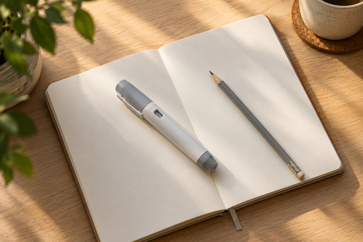 A plain unbranded injector pen and a graphite pencil resting on an open blank notebook on a sunlit pale oak desk