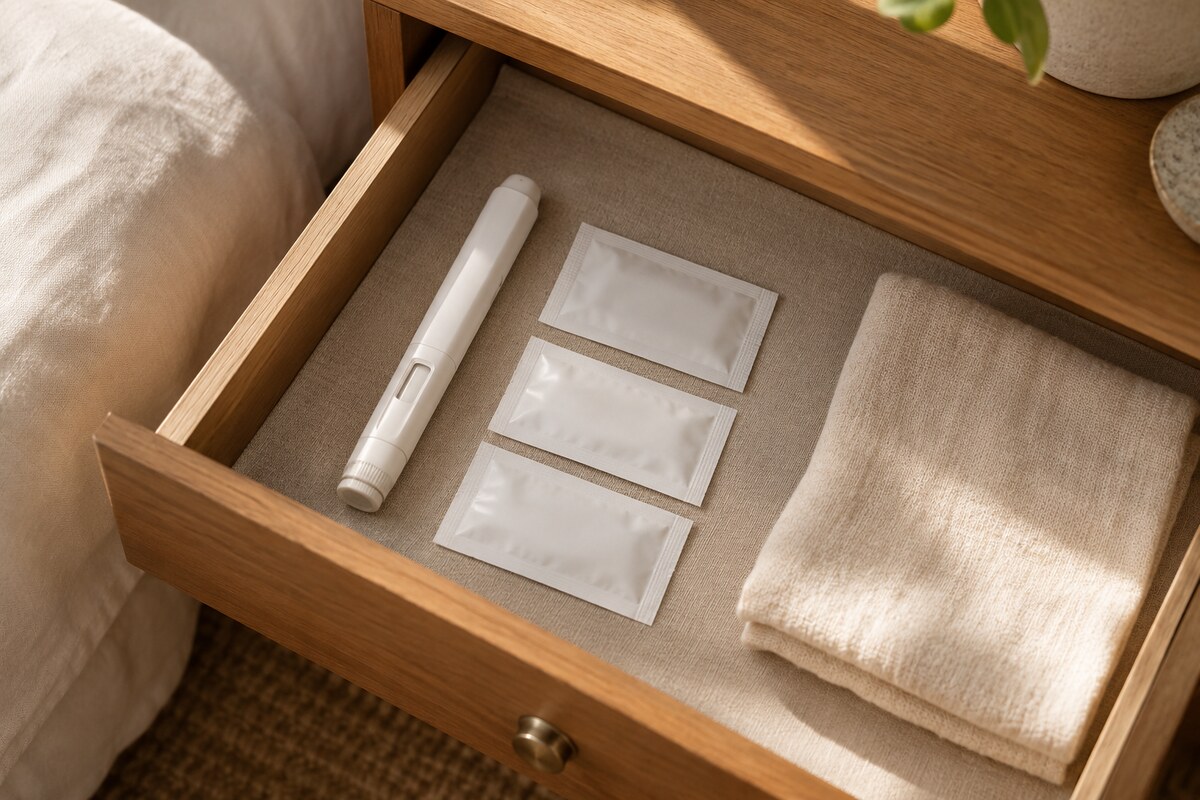 An open bedside drawer lined with pale linen holding a plain unbranded injector pen, three sealed wipe sachets and a folded cloth in a neat row