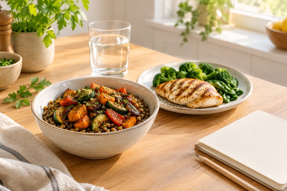 A bowl of lentils with roasted vegetables and a plate of grilled chicken with broccoli on a sunlit wooden kitchen counter beside a blank notebook