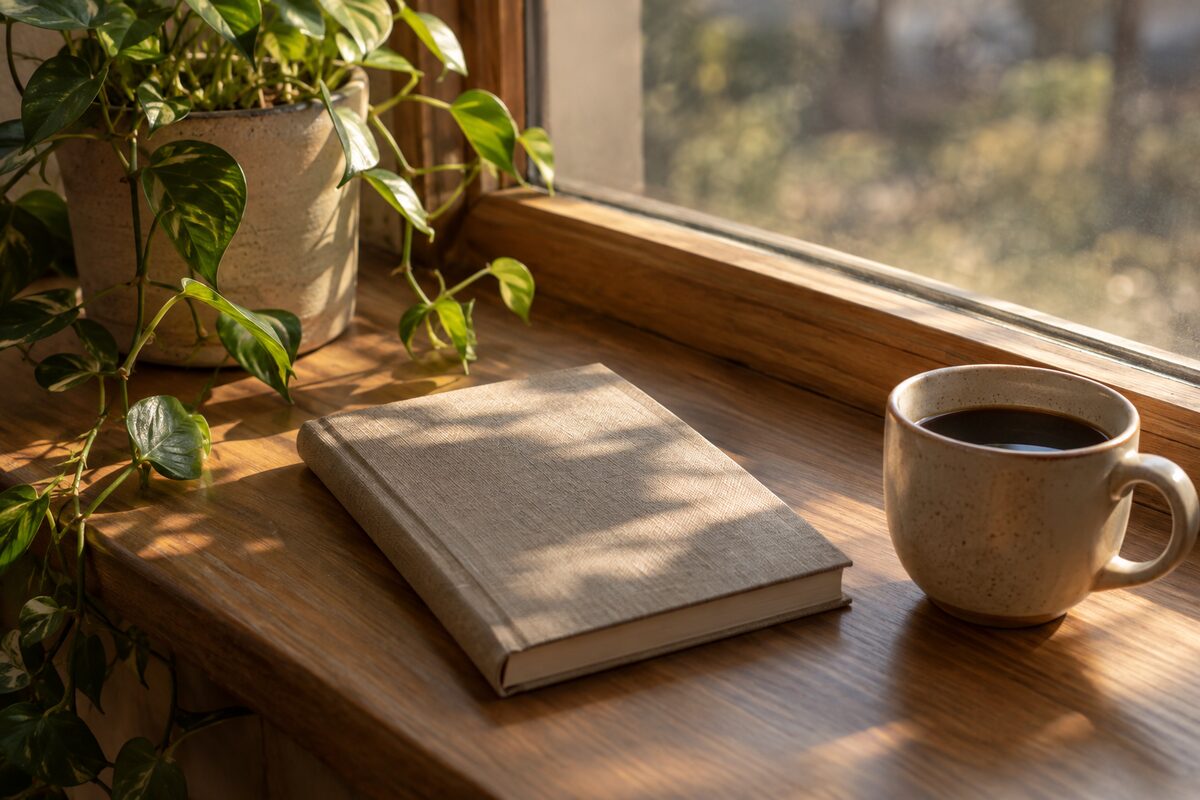 A plain linen-bound notebook, a potted trailing plant and a cup of black coffee on a wide wooden windowsill in late afternoon sunlight