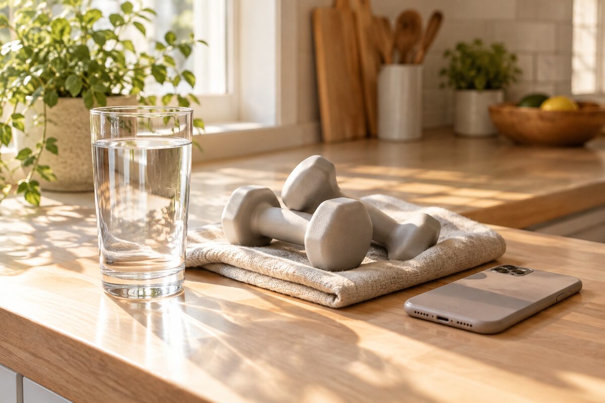 A glass of water, a pair of light hand weights on a folded towel and a phone lying face down on a sunlit wooden kitchen counter